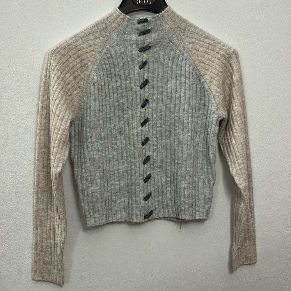 NWT Central Park West NY Bobbie Whipstitch Mock Neck Sweater - Tan & Grey